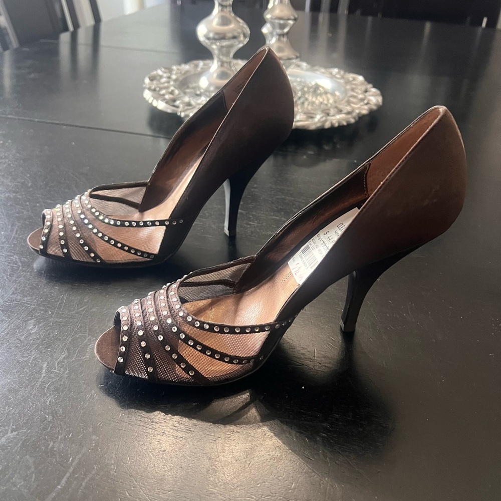 Alfani Chocolate Rhinestone Peep-Toe Heels - Picture 2 of 5